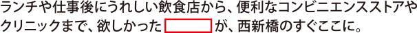 ランチや仕事後にうれしい飲食店から、便利なコンビニエンスストアやクリニックまで、欲しかった□が、西新橋のすぐここに。